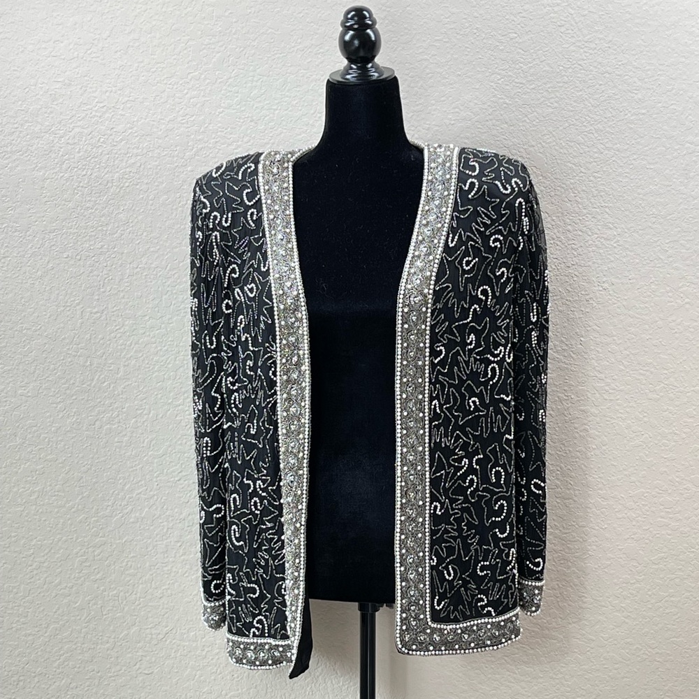 80s Hazur Black Silk Beaded Sequin Jacket Art Deco Formal Evening Blazer Vintage